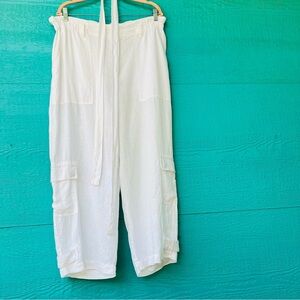 SANCTUARY LINEN WIDE LEG TIE BELT CARGO PANTS WHITE SIZE XL